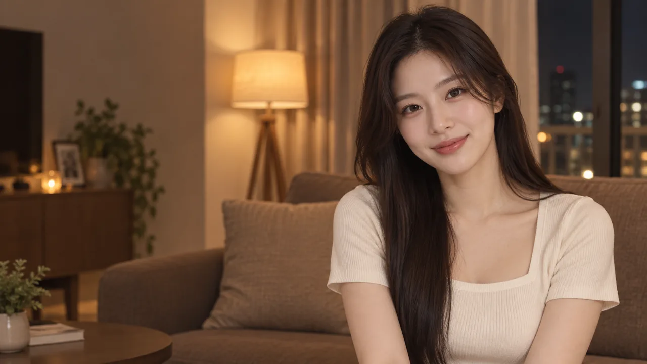 밤 조명이 켜진 집 거실 갈색 소파 앞에서 크림색 반팔 상의를 입은 긴 검은 머리 성인 여성이 미소 짓는 모습