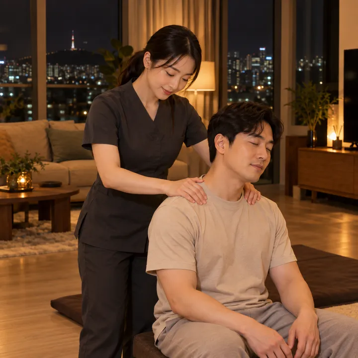 옷을 입은 성인 고객의 어깨를 마사지하는 20대 한국인 여성 관리사 시안